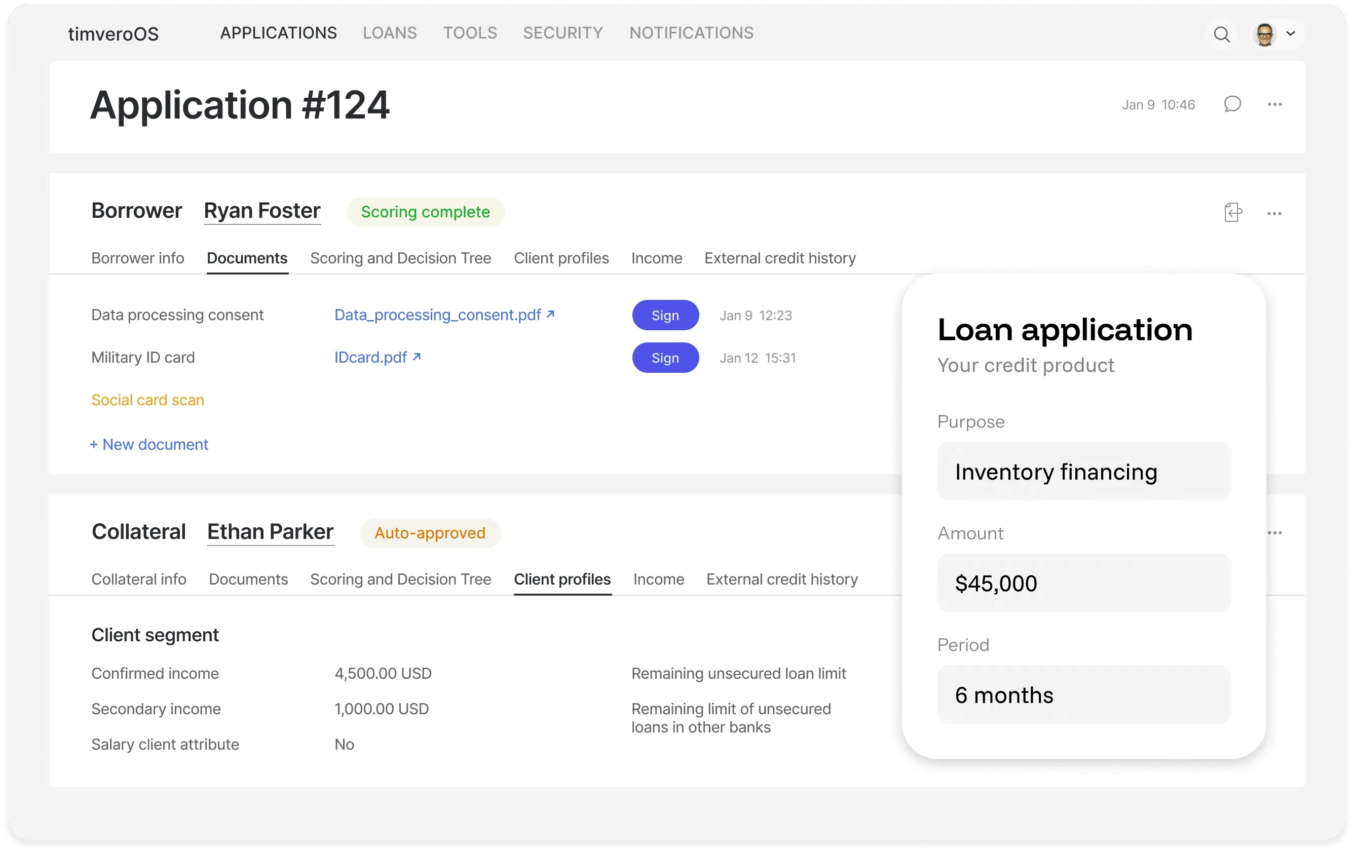 timveroOS automated loan origination platform showing application pipeline, credit scoring, and decisioning dashboard